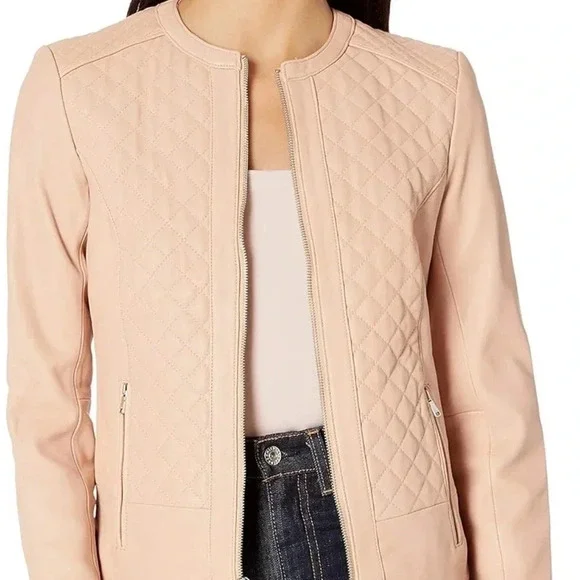 COLE HAAN Women's Jewel Neck Quilted Leather Jacket - Picture 14 of 14